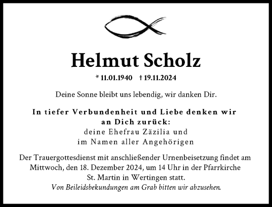 Traueranzeige von Helmut Scholz von Wertinger Zeitung