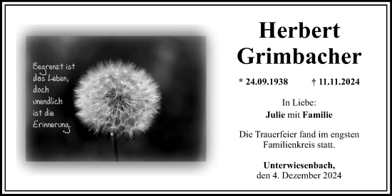Traueranzeige von Herbert Grimbacher von Mittelschwäbische Nachrichten