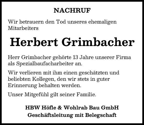 Traueranzeige von Herbert Grimbacher von Mittelschwäbische Nachrichten