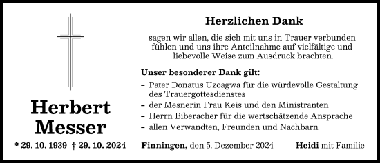 Traueranzeige von Herbert Messer von Donau Zeitung