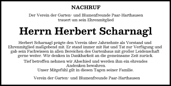 Traueranzeige von Herbert Scharnagl von Friedberger Allgemeine