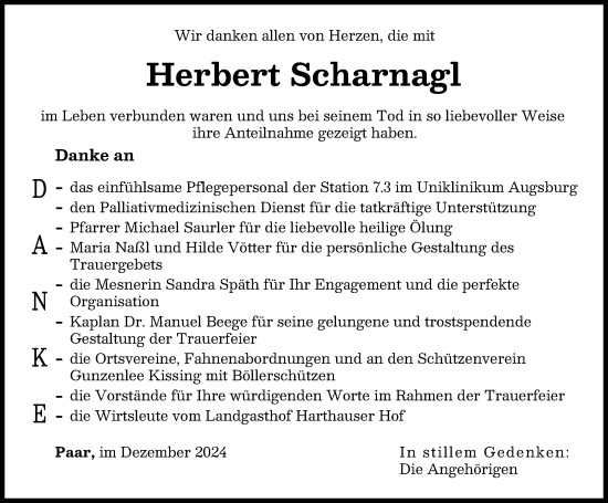 Traueranzeige von Herbert Scharnagl von Friedberger Allgemeine