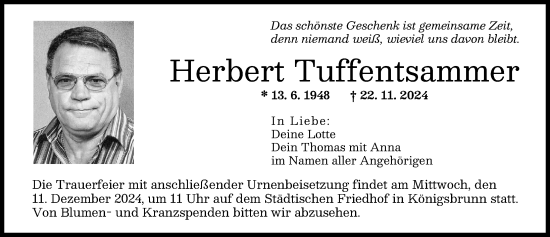 Traueranzeige von Herbert Tuffentsammer von Augsburger Allgemeine