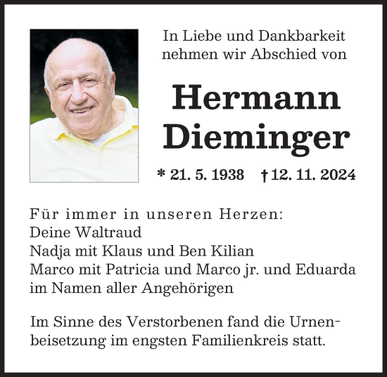Traueranzeige von Hermann Dieminger von Augsburger Allgemeine