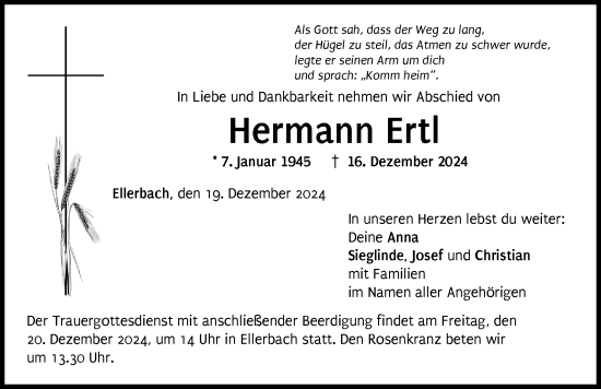 Traueranzeige von Hermann Ertl von Donau Zeitung