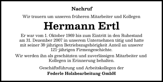 Traueranzeige von Hermann Ertl von Donau Zeitung