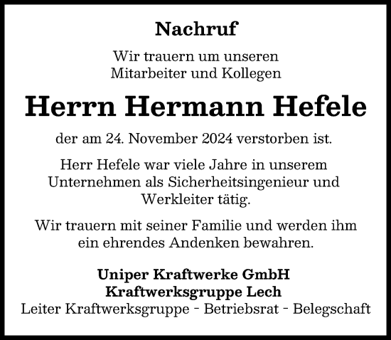 Traueranzeige von Hermann Hefele von Landsberger Tagblatt