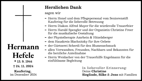 Traueranzeige von Hermann Hefele von Landsberger Tagblatt