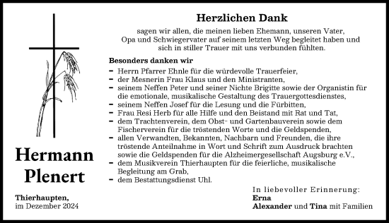 Traueranzeige von Hermann Plenert von Augsburg-Land