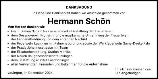 Traueranzeige von Hermann Schön von Donau Zeitung