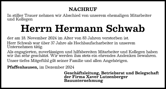 Traueranzeige von Hermann Schwab von Mindelheimer Zeitung