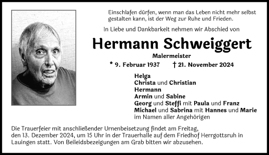 Traueranzeige von Hermann Schweiggert von Donau Zeitung