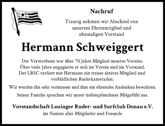 Traueranzeige von Hermann Schweiggert von Donau Zeitung