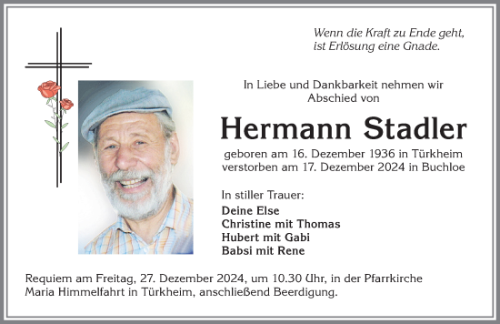 Traueranzeige von Hermann Stadler von Mindelheimer Zeitung