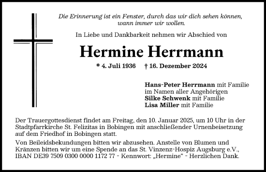 Traueranzeige von Hermine Herrmann von Schwabmünchner Allgemeine