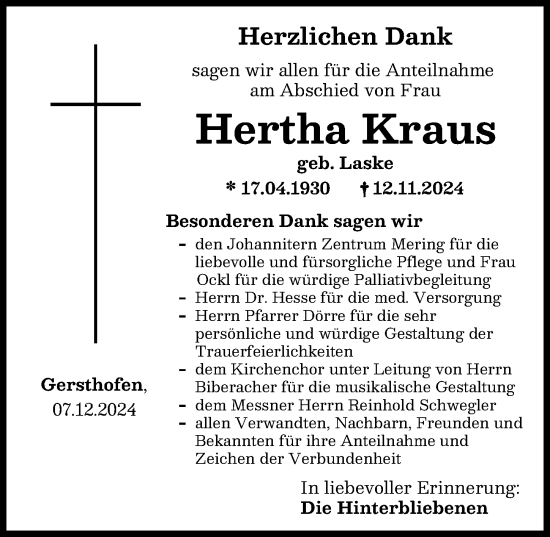 Traueranzeige von Hertha Kraus von Augsburger Allgemeine