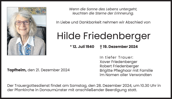 Traueranzeige von Hilde Friedenberger von Donauwörther Zeitung