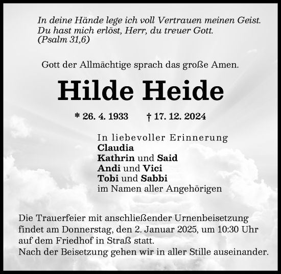 Traueranzeige von Hilde Heide von Günzburger Zeitung, Neu-Ulmer Zeitung