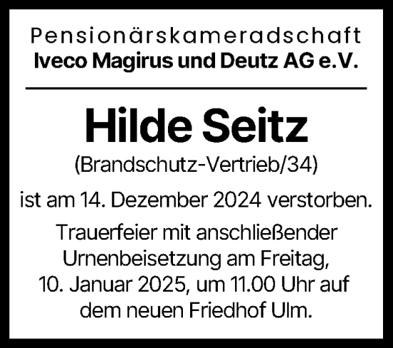 Traueranzeige von Hilde Seitz von Illertisser Zeitung, Günzburger Zeitung, Neu-Ulmer Zeitung