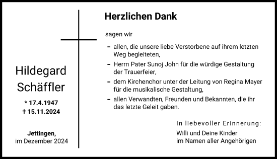 Traueranzeige von Hildegard Schäffler von Günzburger Zeitung
