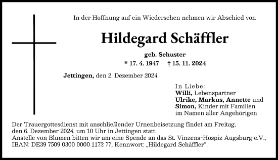 Traueranzeige von Hildegard Schäffler von Günzburger Zeitung