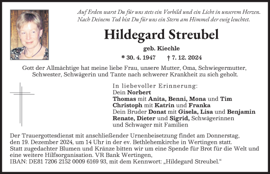 Traueranzeige von Hildegard Streubel von Wertinger Zeitung