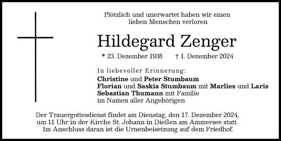 Traueranzeige von Hildegard Zenger von Ammersee Kurier