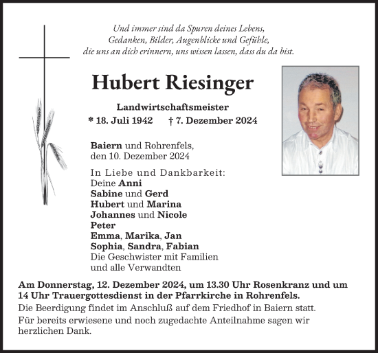 Traueranzeige von Hubert Riesinger von Neuburger Rundschau