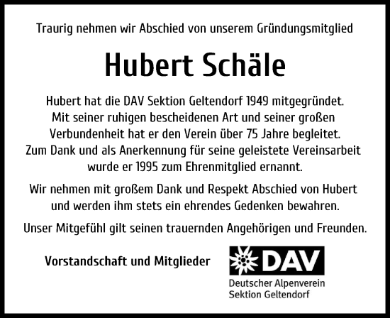 Traueranzeige von Hubert Vinzenz Schäle von Landsberger Tagblatt