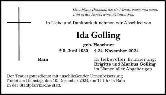 Traueranzeige von Ida Golling von Donauwörther Zeitung