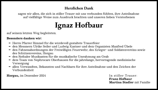 Traueranzeige von Ignaz Hofbaur von Augsburger Allgemeine
