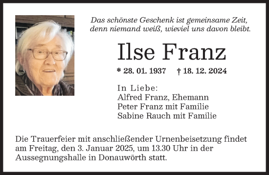 Traueranzeige von Ilse Franz von Donauwörther Zeitung