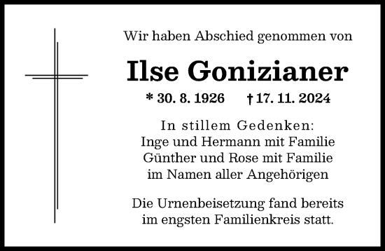 Traueranzeige von Ilse Gonizianer von Augsburger Allgemeine