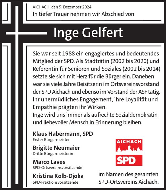 Traueranzeige von Inge Gelfert von Aichacher Nachrichten
