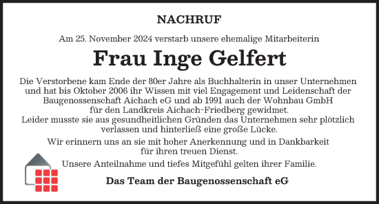 Traueranzeige von Inge Gelfert von Aichacher Nachrichten