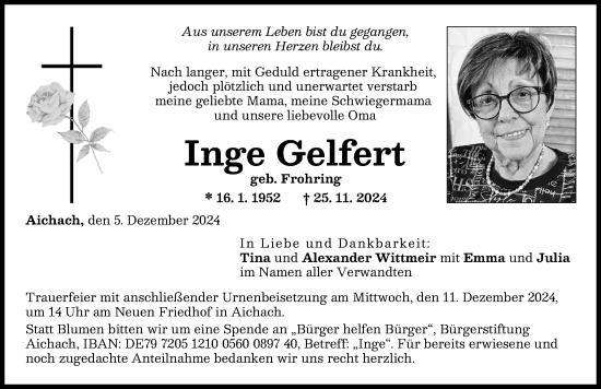 Traueranzeige von Inge Gelfert von Aichacher Nachrichten