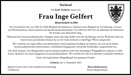 Traueranzeige von Inge Gelfert von Aichacher Nachrichten