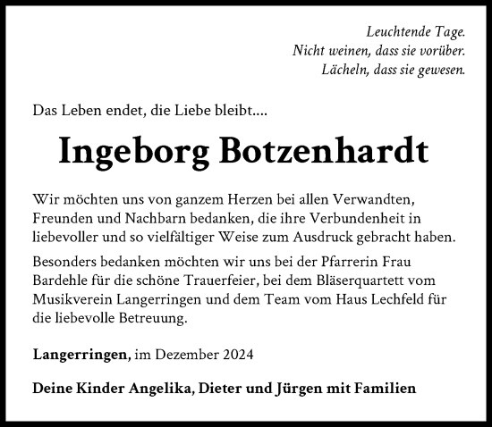 Traueranzeige von Ingeborg Botzenhardt von Schwabmünchner Allgemeine