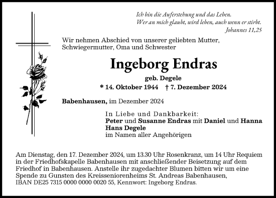 Traueranzeige von Ingeborg Endras von Illertisser Zeitung