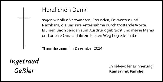Traueranzeige von Ingetraud Geßler von Mittelschwäbische Nachrichten
