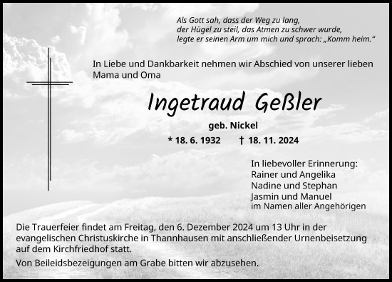 Traueranzeige von Ingetraud Geßler von Mittelschwäbische Nachrichten