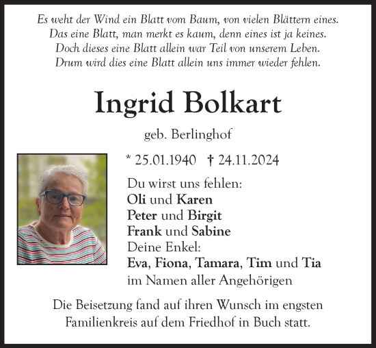 Traueranzeige von Ingrid Bolkart von Illertisser Zeitung