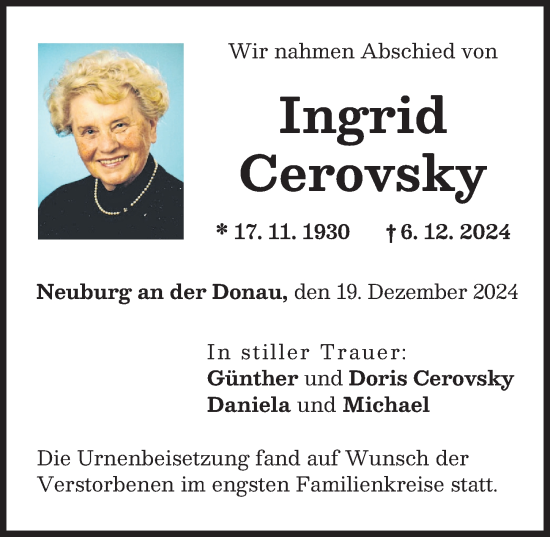 Traueranzeige von Ingrid Cerovsky von Neuburger Rundschau