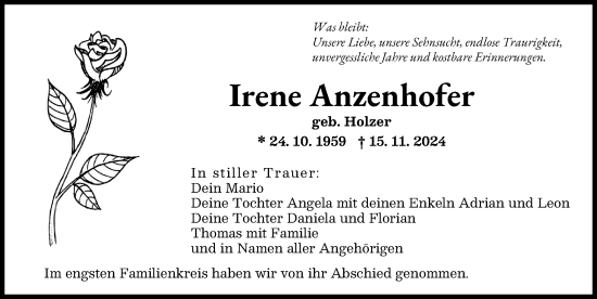 Traueranzeige von Irene Anzenhofer von Augsburger Allgemeine