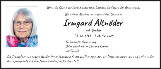 Traueranzeige von Irmgard Altnöder von Friedberger Allgemeine