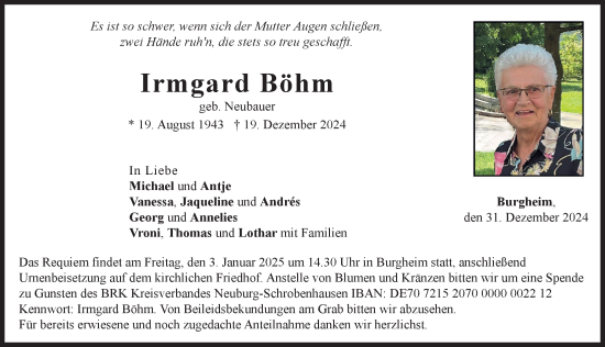 Traueranzeige von Irmgard Böhm von Neuburger Rundschau