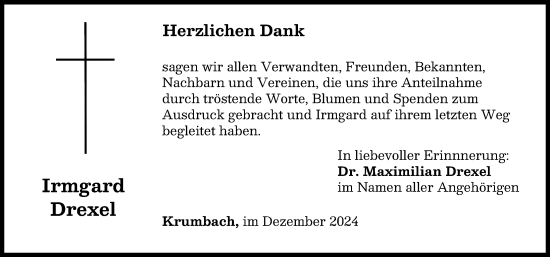 Traueranzeige von Irmgard Drexel von Mittelschwäbische Nachrichten