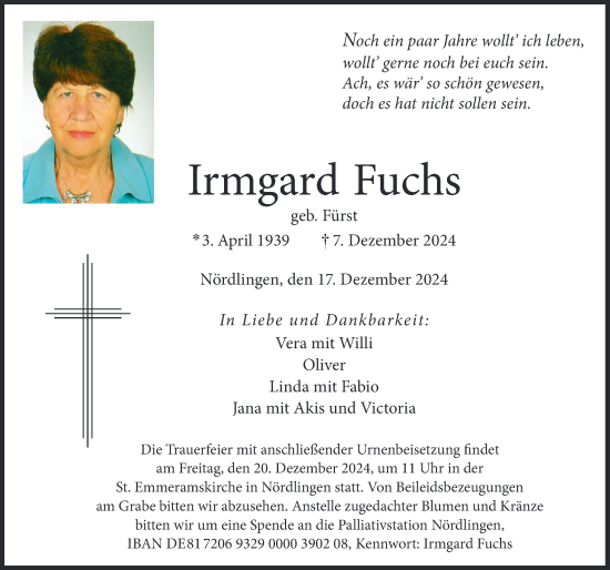 Traueranzeige von Irmgard Fuchs von Rieser Nachrichten
