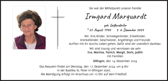 Traueranzeige von Irmgard Marquardt von Donau Zeitung