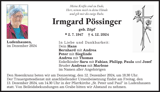 Traueranzeige von Irmgard Pössinger von Landsberger Tagblatt